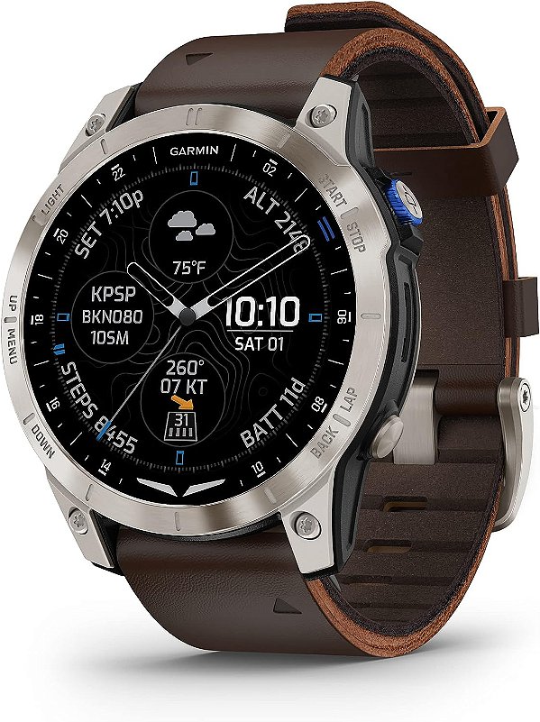 Garmin D2™ Mach 1, Relógio inteligente aviatório com tela sensível ao toque, mapa GPS em movimento, clima da aviação, recursos de saúde e bem-estar e mais, pulseira de couro marrom Oxford.