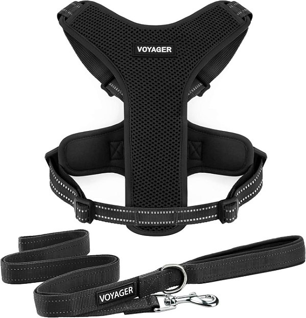 Peitoral para cães Air Frontier Mesh com conjunto de coleira reflexiva, costura refletiva e design leve e respirável sem puxar, alças ajustáveis no pescoço e no peito para raças pequenas a grandes - BK, XS