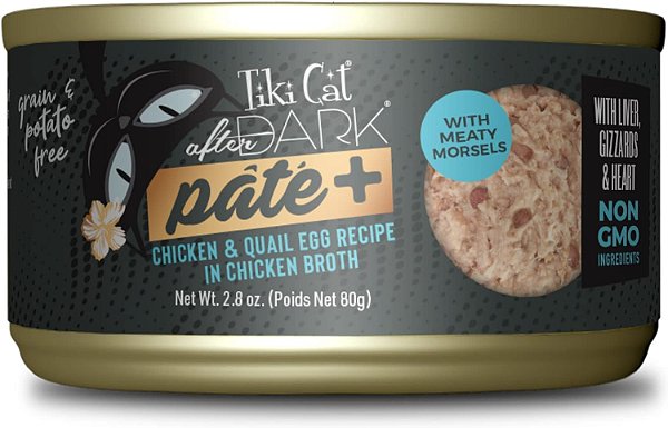 Tiki Cat After Dark Pate+, Frango & Ovos de Codorna, Alto teor de Proteína e Ingredientes 100% Não-OGM, Comida Molhada para Gatos Adultos, 2.8 oz. Latas (Pacote com