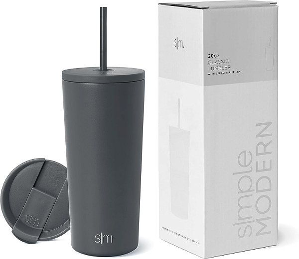 Copo Isolado Simples e Moderno com Tampa e Canudo | Copo de Café Gelado Reutilizável em Aço Inoxidável | Garrafa de Água | Caneca de Viagem | Presentes para Mulheres e Homens | Coleção Cl