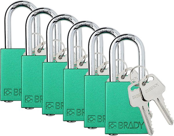 Conjuntos de cadeados de segurança Brady Safety Lockout - 6 unidades - Verde - Cadeados de segurança com chaves diferentes - 2 chaves por cadeado - SDAL-GRN-38ST-KD6