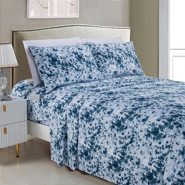 Conjunto de lençóis Elegant Comfort Aria Tie-Dye, 6 peças, 1500 fios, Tie-Dye em espiral, macio e sedoso, resistente ao desbotamento e às rugas, lençol com bolsos inteligentes