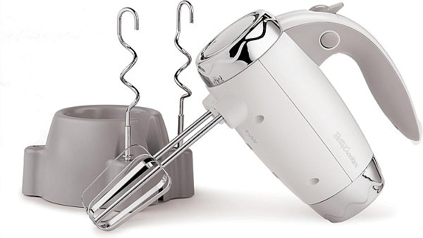Mixer de Mão BETTY CROCKER 7 Velocidades, 250 Watts, com Batedores e Ganchos para Massa, Mixer Elétrico Ergonômico para Casa e Cozinha com Suporte e Cabo Macio, Branco