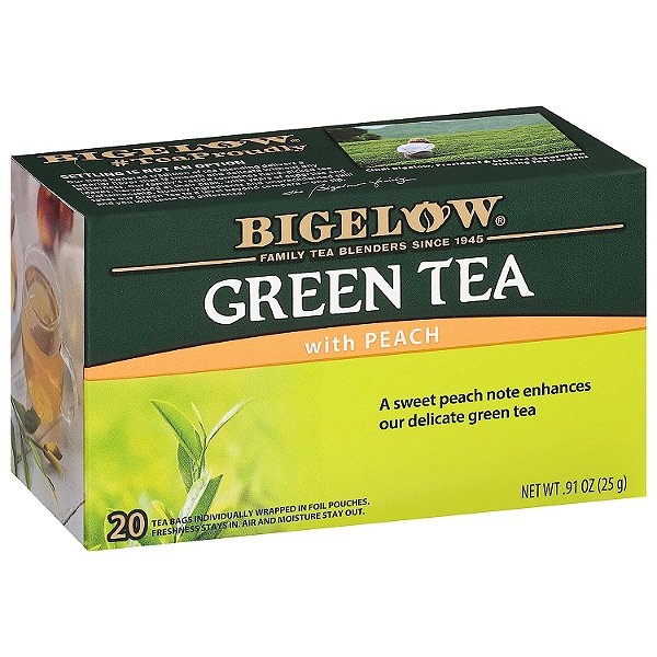 Chá Verde Bigelow com Pêssego, Com Cafeína, 20 Unidades (Pacote com 6), Total de 120 Saquinhos de Chá
