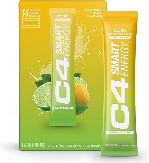Pacotes de pó de energia inteligente C4 - Combustível de desempenho sem açúcar e impulsionador cerebral nootrópico, substituto ou alternativa de café | Yuzu Lime - 14 unidades.