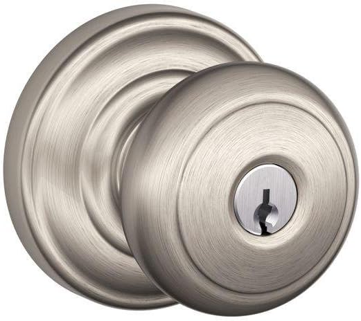 Fechadura de entrada com chave SCHLAGE F51A AND 619 AND Andover Knob com acabamento de níquel acetinado