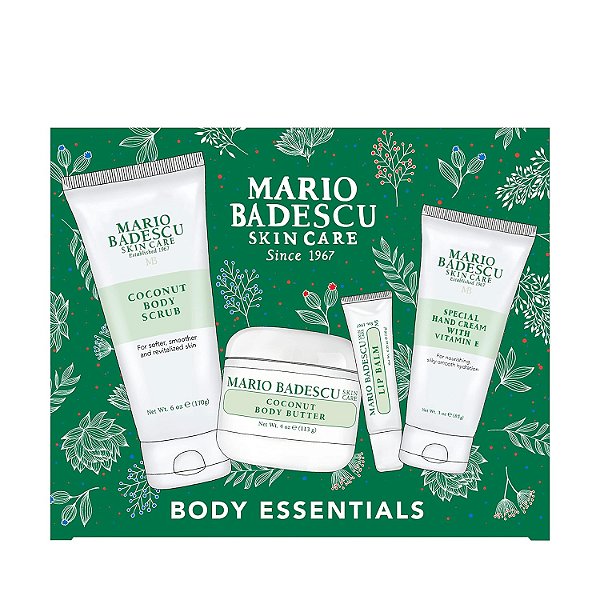 Kit dos melhores produtos essenciais para o corpo da Mario Badescu, conjunto de presentes para cuidados com a pele, inclui bálsamo labial, esfoliante corporal de coco, manteiga corporal de coco e creme especial para as mã