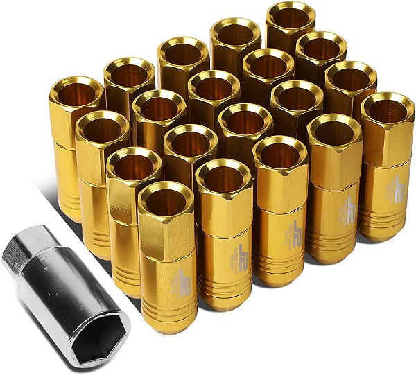 Porca de roda aberta de alumínio 7075 dourado M12 x 1,5 20 peças L: 60mm J2 Engineering com adaptador de soquete