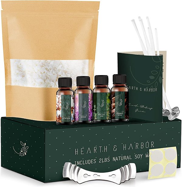 Cera de Vela de Soja para Fabricação de Velas - Cera de Soja Natural para Fabricação de Velas de 2 lb, Flocos de Cera de Soja Premium, 5 Pavios de Algodão, 4 Adesivos de Pavio