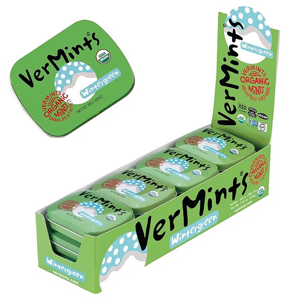 VerMints | Inverno erva | Lata pequena (.63oz/18g) | Pacote com 12 VerMints | Orgânico | Pastilhas para Refrescar o hálito | Pacote com 12 | Pastilhas para Refrescar