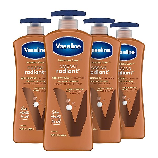 Loção Corporal Vaseline Intensive Care Cocoa Radiant 4 unidades para pele seca com lipídios ultra-hidratantes e manteiga de cacau pura para um brilho radiante de longa duração 20.3 oz