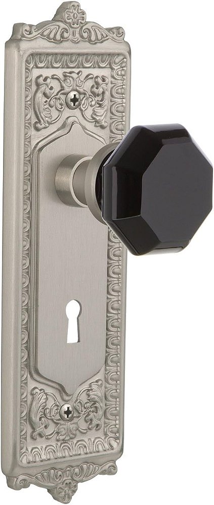 Placa Ovo & Folha com Fechadura de Passagem e Maçaneta de Porta Castelo Preto Waldorf em Níquel Acetinado, 2.75