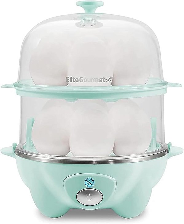 Cozedor de ovos rápido de duas camadas Elite Gourmet EGC1405M, Poche de 5 ovos, Omeletes, Ovos Cozidos em Consistência Mole, Média, Dura, Desligamento Automático e Alarme, Liv