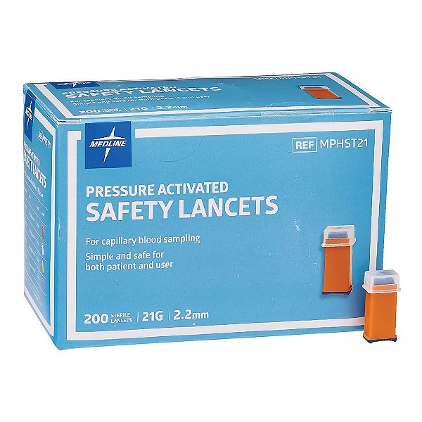 Lancetas de segurança Medline, Ativação por Pressão, 21G x 2,2 mm, 200 unidades.