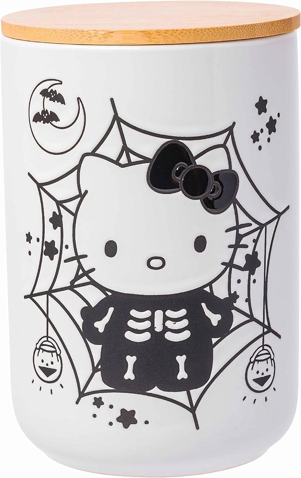 Pote de lanche de cerâmica resistente à cera com tema de esqueleto de Halloween da Sanrio Hello Kitty da Silver Buffalo, preto e branco (pequeno)