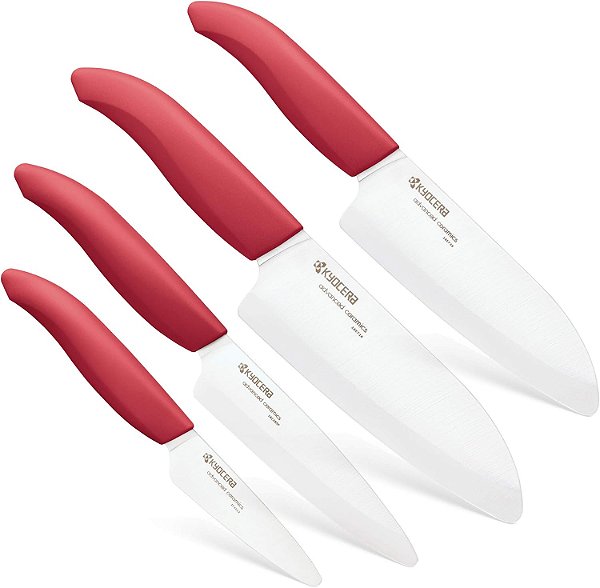 Conjunto de Facas Kyocera Advanced Ceramic Revolution de 4 peças: Inclui Chef Santoku de 6 polegadas, Santoku de 5,5 polegadas, Utilitário de 4,5 polegadas e Paring de 3 pole