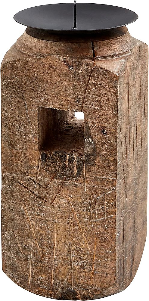 Castiçal de madeira recuperada Mud Pie Md, 8 x 3 1/2