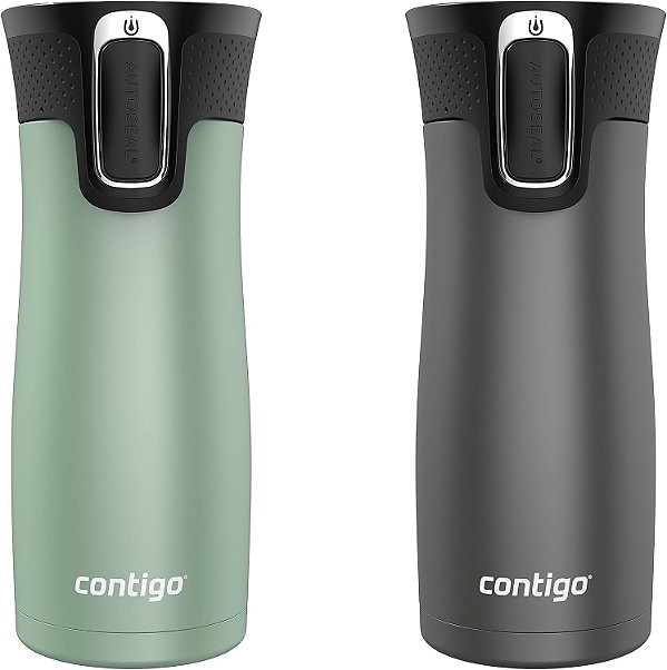 Caneca de viagem de aço inoxidável Contigo West Loop com isolamento a vácuo e tampa à prova de vazamentos, mantém a bebida quente por até 5 horas e fria por até 12 horas, 16oz 2-Pack,