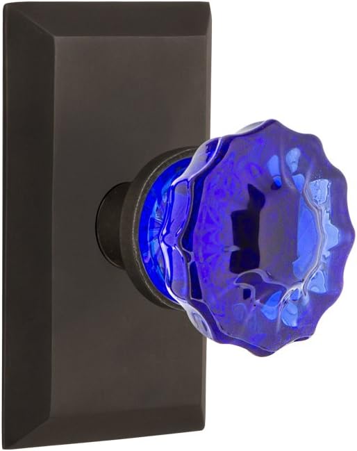 Maçaneta de Porta de Vidro de Cristal Azul Cobalto Nostalgic Warehouse 721179 Studio Plate em Bronze Fosco, Passagem 2.375