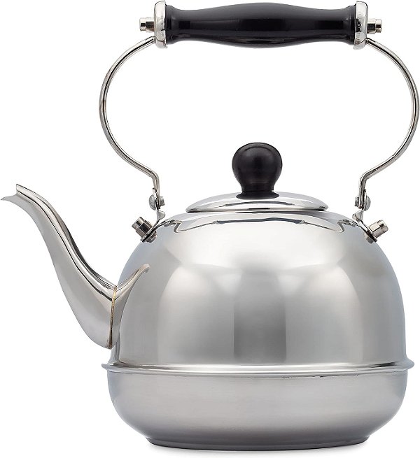 Chaleira de Chá Lisa de Aço Inoxidável de 2 Qt. com Alça de Madeira