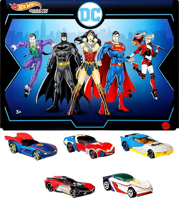 Conjunto de 5 Carros de Personagens Hot Wheels Dc em Escala 1:64: Superman, Batman, Mulher Maravilha, o Joker Gt & Harley Quinn