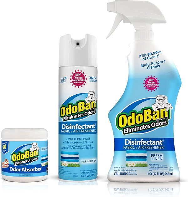OdoBan Multifuncional Limpeza Desinfetante e Eliminador de Odores Fortes para Tecidos/Ambientes: Pacote de Spray Contínuo 360 Graus, Spray de Gatilho, Absorvedor de Odores Sól