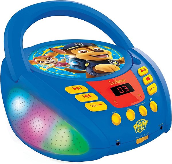 Lexibook - Patrulha Canina - CD Player Bluetooth para Crianças - Portátil, Efeitos de Luz Multicoloridos, Entrada para Microfone, Entrada Aux, Funciona com Pilhas ou Energia Elétrica, Meninas, Meninos