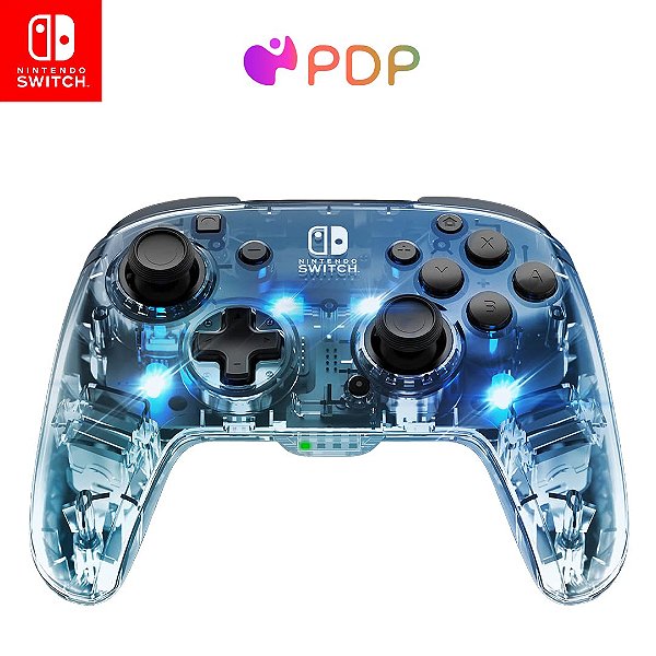 Controle Pro sem fio da PDP Gaming Afterglow para Nintendo Switch: Iluminação LED RGB prismática, gamepad com controle de movimento completo, botões de remo personalizáveis, vibração dupla.