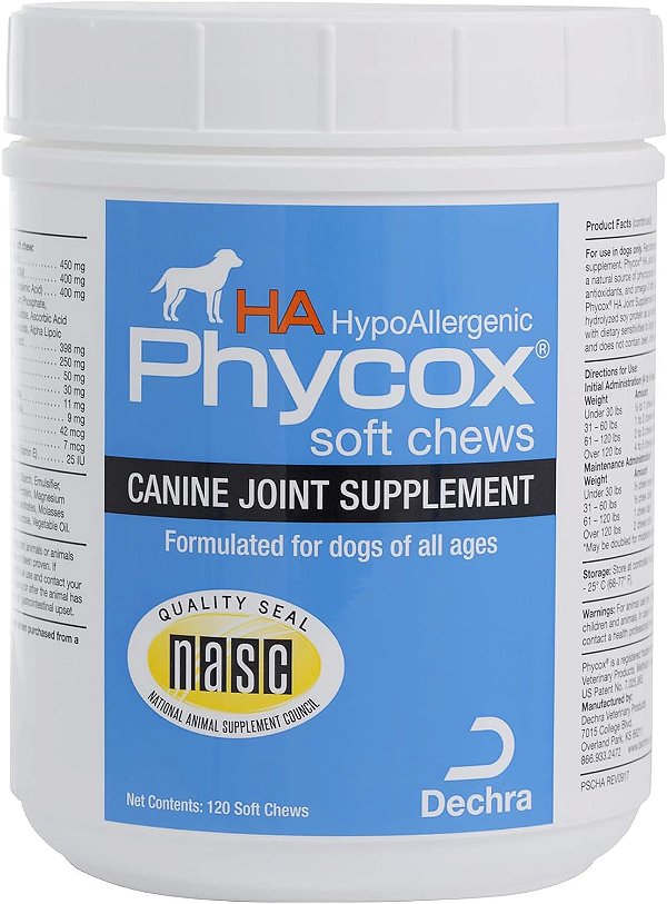 Suplemento para articulações em formatos macios, hipoalergênico Phycox HA para cães, 120 unidades.