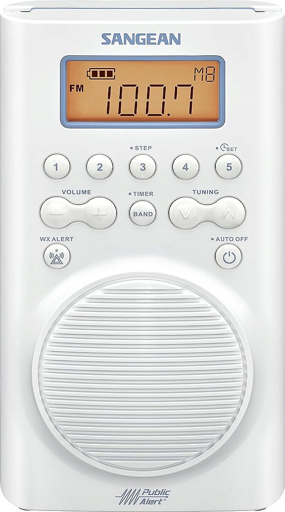 Rádio à prova d'água para chuveiro Sangean H205 AM/FM com Alerta de Tempo Branco 6.14x 4.01x 9.72
