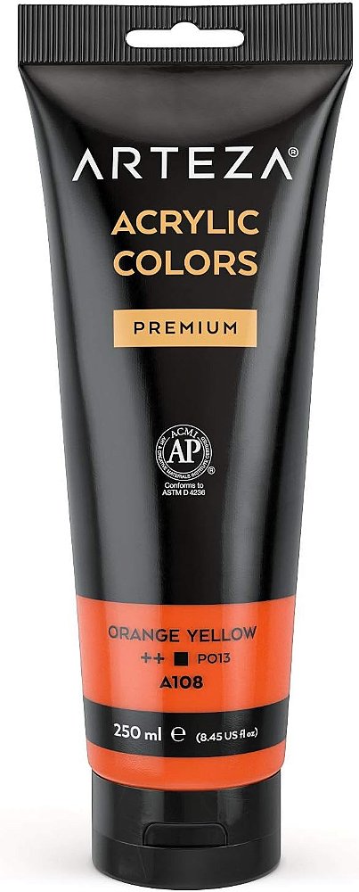 Tinta Acrílica ARTEZA, Cor Laranja Amarelo 8.45 oz/250 ml, Pigmento Rico, Não Desbotante, Não Tóxica, Tinta de Cor Única para Artistas e Pintores Amadores