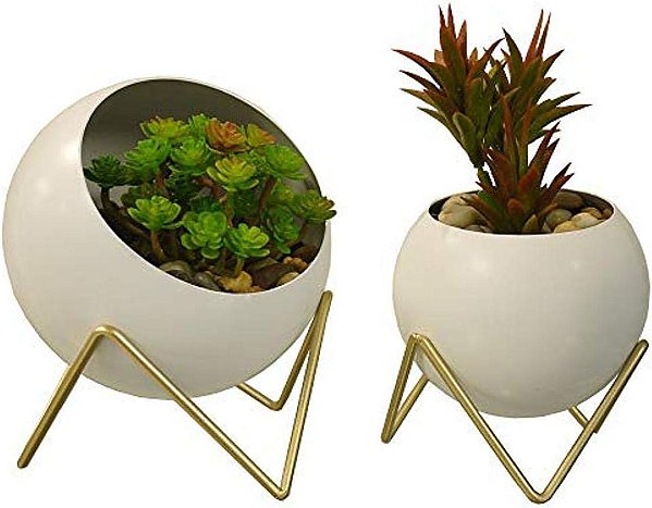 Vaso esférico Admired By Nature, Acento Decorativo, Suporte para Planta Suculenta, Suporte Geométrico Moderno para Casa, Escritório e Ideia de Presente, Dourado, Branco, Conjunto de