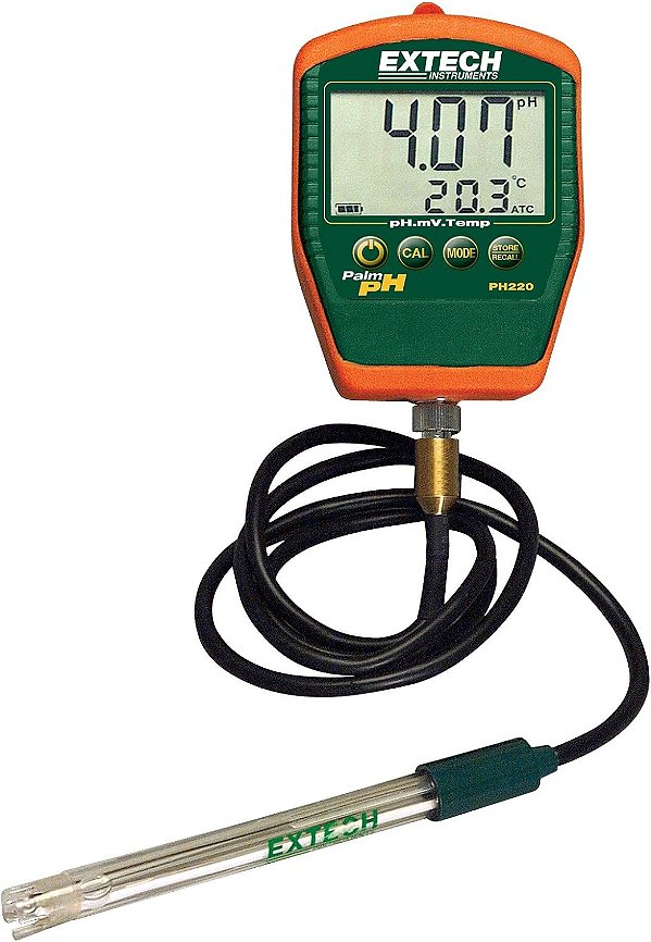 Medidor de pH Extech PH220-C à prova d'água com eletrodo conectado.