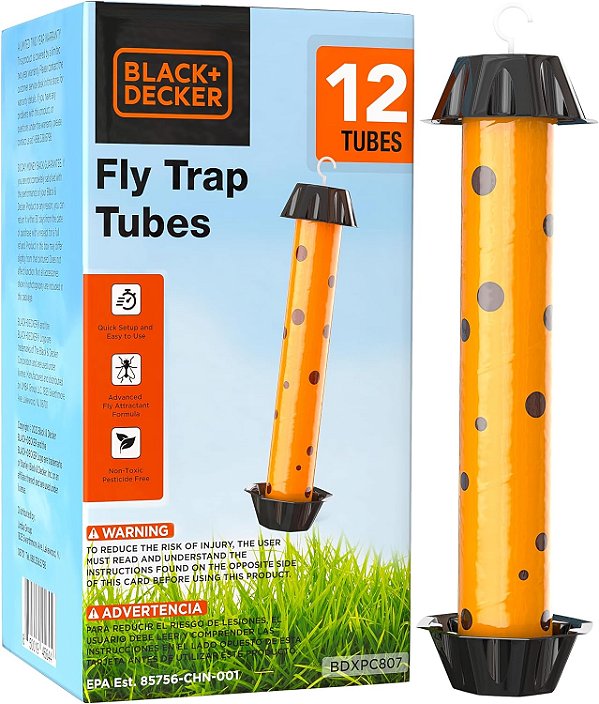 Armadilhas para moscas da fruta e moscas para uso interno da BLACK+DECKER - Armadilha para moscas e mosquitos para casa - Armadilha para mosquitos e moscas para uso externo, 12 pacotes de tubos ades