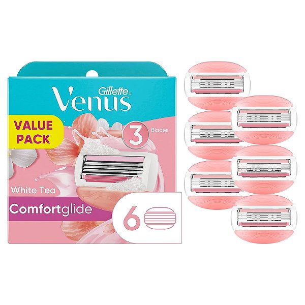 Lâminas de reposição para Gillette Venus ComfortGlide, 6 unidades, (embalagem de 1) com barra de gel perfumada com chá branco que protege contra irritação da pele.