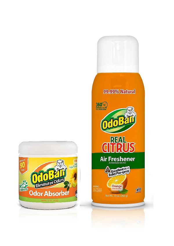 Conjunto de Eliminador de Odores OdoBan, Spray de Banheiro de 10 Onças, Spray Contínuo de 360 Graus com Óleo Natural de Laranja Real, e Absorvedor de Odores Sólido de