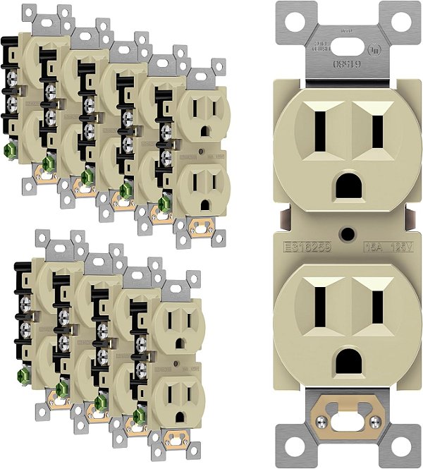 Tomada Duplex Enerlites, Tomadas de Parede Elétricas de Grau Residencial, 15A 125V, Autoaterramento, 3 Fios, 2 Polos, Listado pela UL, 61580-I-10PCS,