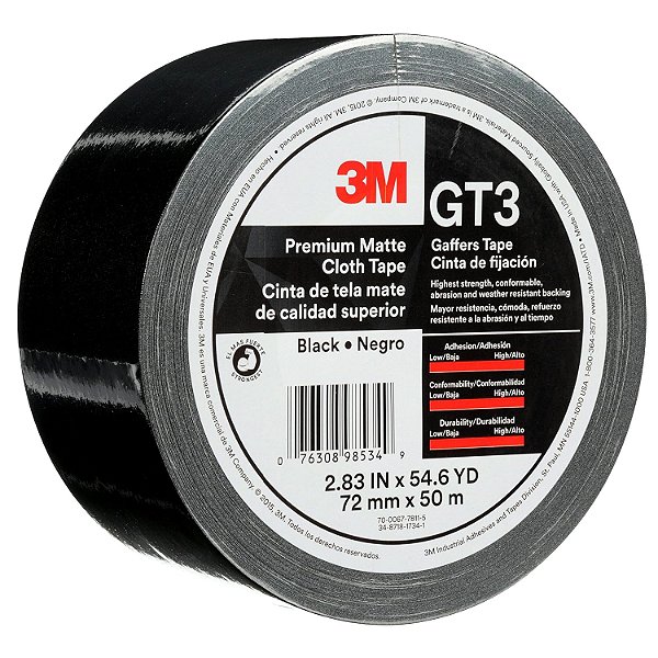 Fita de pano fosco Premium com TALC 3M (Gaffers) GT3, preta, 72 mm x 50 m, 11 milímetros