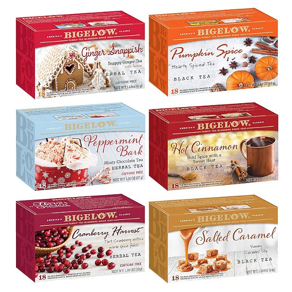 Pacote de Variedades de Chá sazonal Bigelow Tea, com 6 sabores, mistura de chás com cafeína e sem cafeína, 18 unidades (pacote com 6), total de 108 saquinhos de chá.