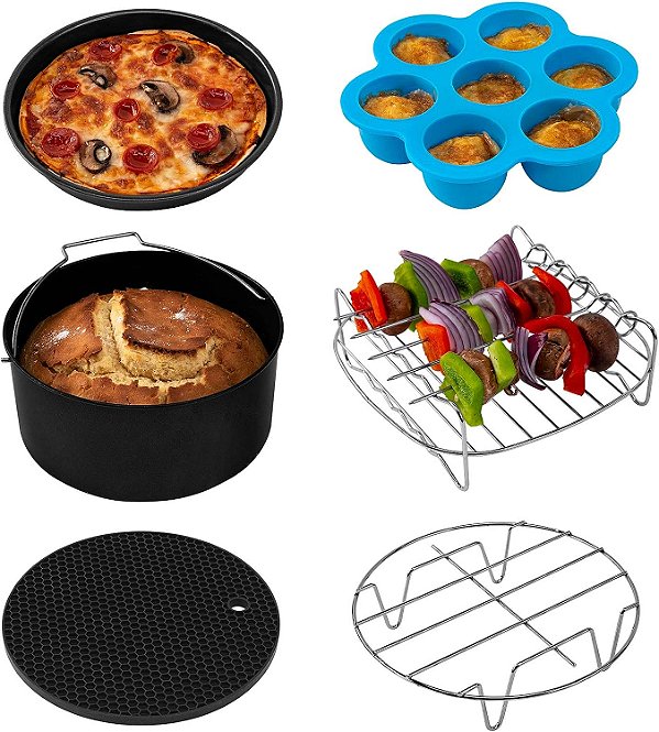 Acessórios para Fritadeira sem Óleo COSORI, Conjunto de 6 - Ideal para a Maioria dos Fornos de 5.0 Qt e Maiores, Forma para Bolo e Pizza, Suporte de Metal, Grelha e Esp