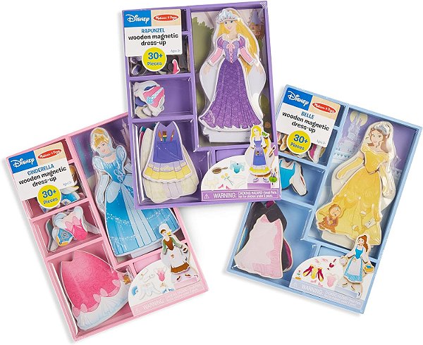 Melissa & Doug Disney Cinderella, Belle, and Rapunzel Conjunto de Brincadeira de Vestir Bonecas de Madeira Magnéticas, 36 meses a 60 meses.