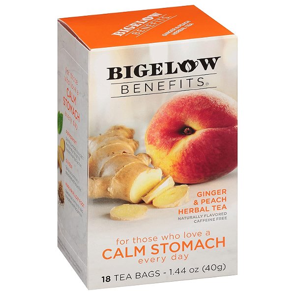 Chá de Ervas Bigelow Tea Benefits Calm Stomach Ginger Peach, sem Cafeína, 18 Unidades (Pacote com 6), Total de 108 Saquinhos de Chá