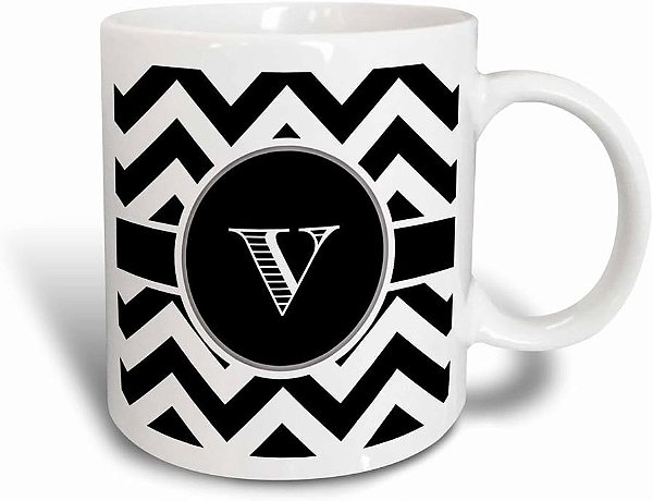 Caneca Mágica Transformadora 3dRose Preto e Branco Chevron Monograma Inicial V, 11 oz
