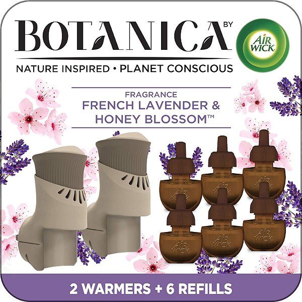 Kit inicial de óleo perfumado Botanica by Air Wick Plug in, 2 Aquecedores + 6 Refis, Lavanda Francesa e Flor de Mel, Aromatizador de Ambiente, Eco Amigável, Óleos Essenciais.