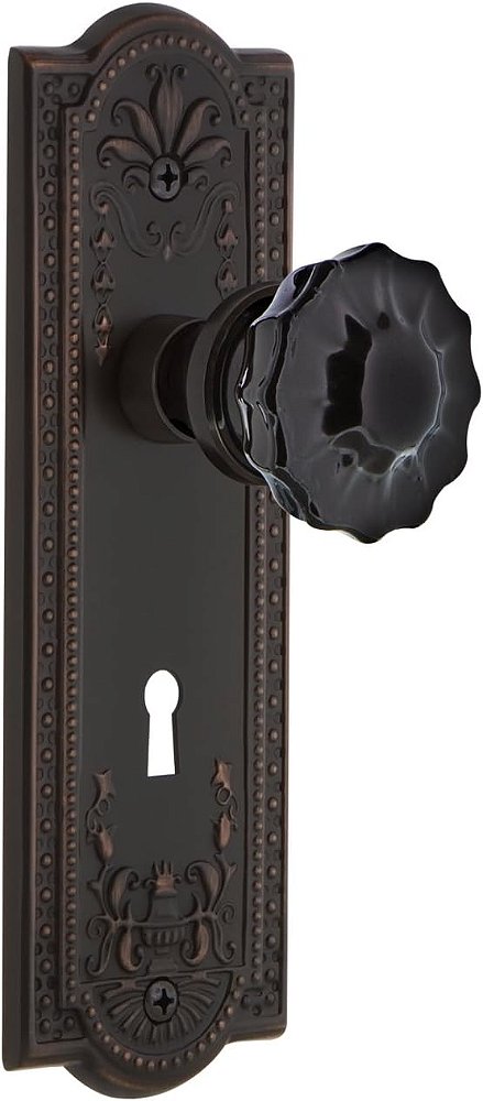 Placa de estilo nostálgico 726829 Meadows com fechadura de passagem com maçaneta de vidro preto em bronze atemporal, 2.75
