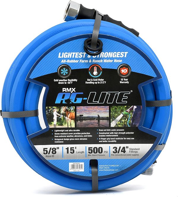 Mangueira de jardim de borracha AG-LITE BSAL5815 5/8 x 15' para água quente/fria, 100% borracha, ultra leve, super resistente, 500 PSI, 50F a 190F gra