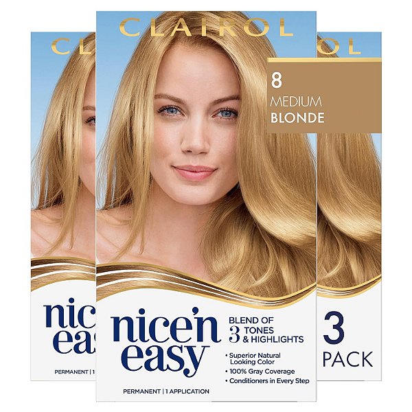 Tintura permanente para cabelos Clairol Nice'n Easy, cor de cabelo loiro médio 8, pacote com 3.