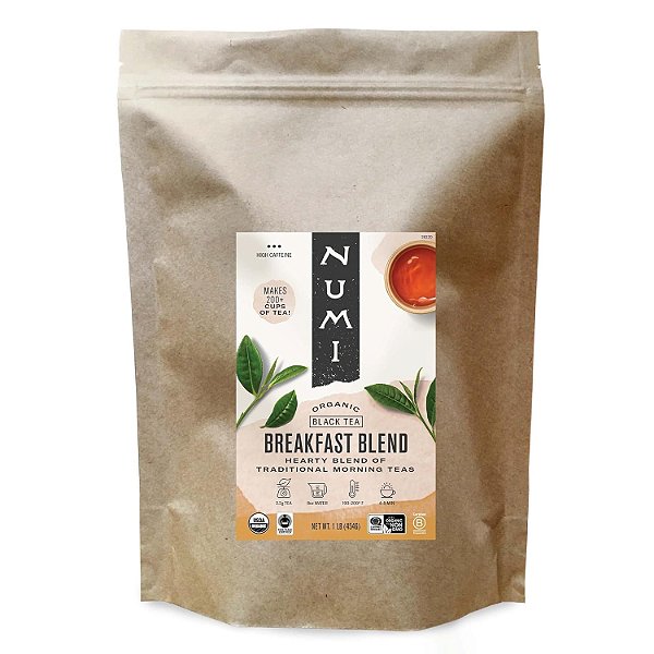 Chá solto de folhas orgânicas Numi Organic Breakfast Blend, Pouch de 16 onças, Chá preto solto, 200 xícaras (a embalagem pode variar)