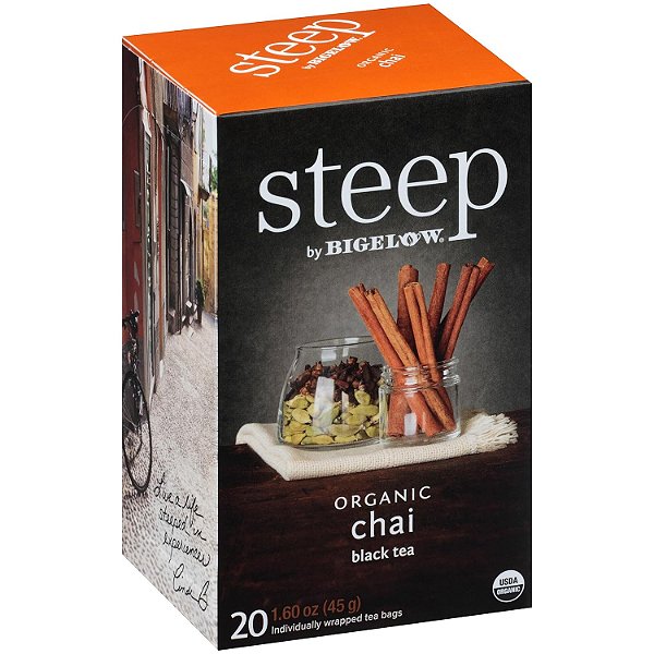 Chá preto orgânico Chai Steep by Bigelow, cafeinado, 20 sachês (pacote com 6), total de 120 saquinhos de chá.