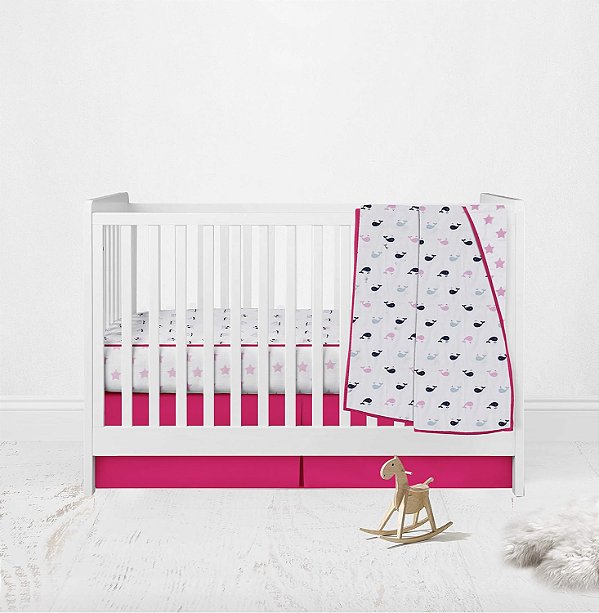 Conjunto de Berço Bacati Náutico Baleias/Barcos/Estrelas Musselina 3 peças com Cobertor de Sonho Luxuoso Muslin de 4 camadas (Meninas Rosa/Marinho)